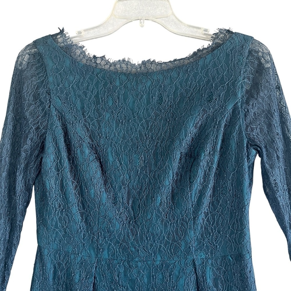 SHOSHANNA Floral Lace Overlay Long Sleeve Mini Sheath Dress Teal Size 4 - Picture 4 of 12